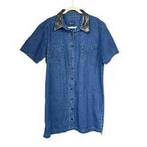VTG Blue J. Womens Sz L Denim Shift Shirt Dress Short Sleeve Button Cottage Core